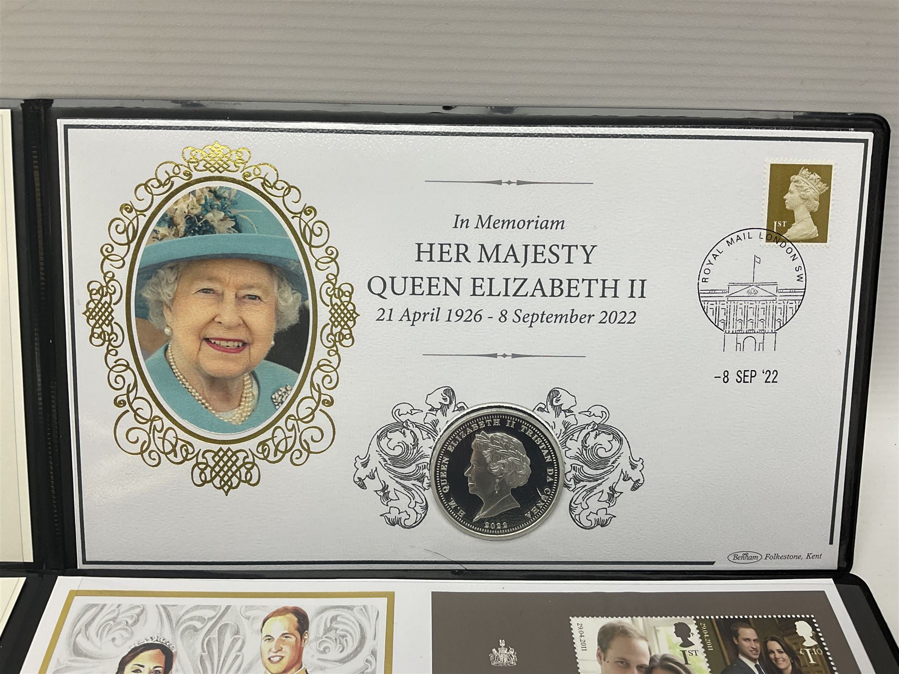 Three Queen Elizabeth II Tristan da Cunha silver proof coin covers, comprising 2021 'Royal Wedding Anniversary', 2022 'Queen Elizabeth II's Memorial Laurel' and 2022 'His Royal Highness Prince William The Duke of Cambridge', all in Harrington and Byrne folders