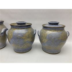 John Egerton (c1945-): set of five studio pottery stoneware twin handled jars with covers, decorated with blue birds upon a brown mottled ground, H20cm