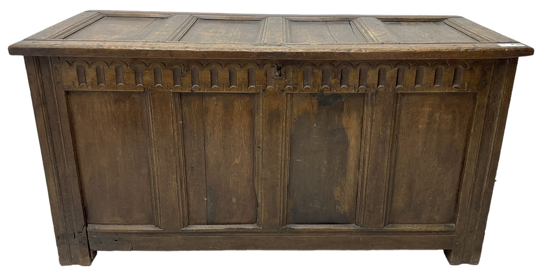 18th century and later oak coffer or chest, rectangular quadruple panelled hinged top, over arcade carved frieze and panelled sides, on stile supports