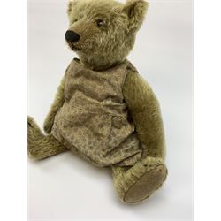 Early 20th century German Steiff teddy bear c1910 with wood wool filled humped back mohair body, swivel jointed head with black boot button eyes and horizontally stitched black nose and mouth, FF metal button to left ear, jointed elongated limbs with felt paw pads and black stitched claws H13