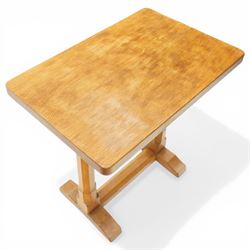 Rabbitman - oak side table, lightly adzed rectangular top, on a twin pillar base, with carved rabbit signature, by Peter Heap of Wetwang 