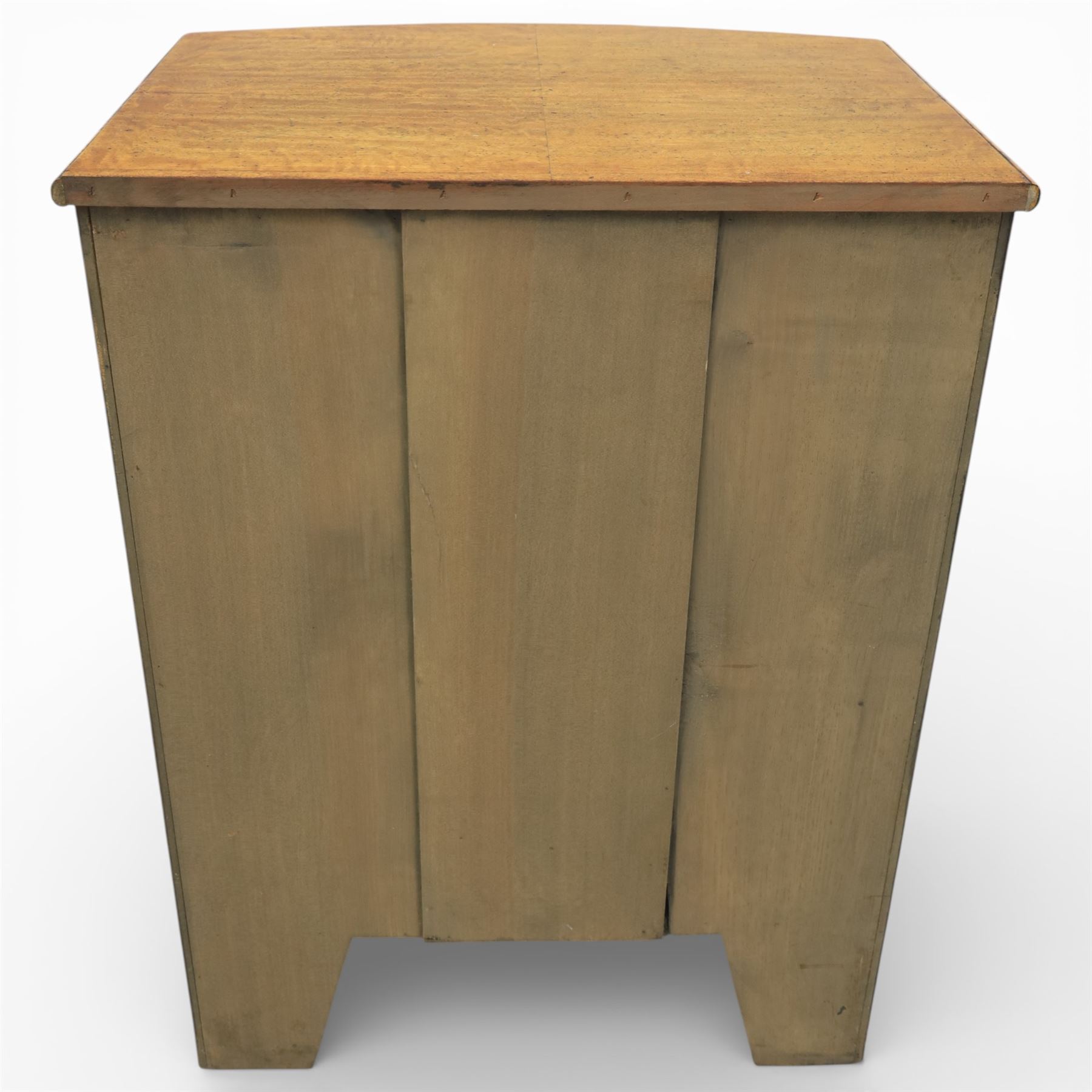 Georgian design bow front chest in figured walnut veneers, with moulded top over a pull-out brushing slide and three long drawers fitted with oval brass drop handles, raised upon swept bracket feet