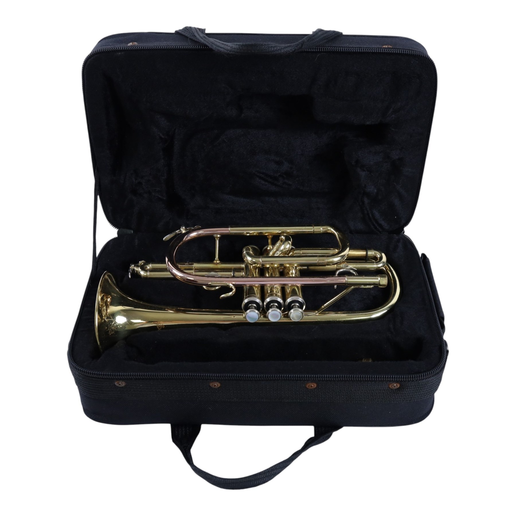 Sonata brass trumpet, with Denis Wick mouthpiece in a soft fitted carry case