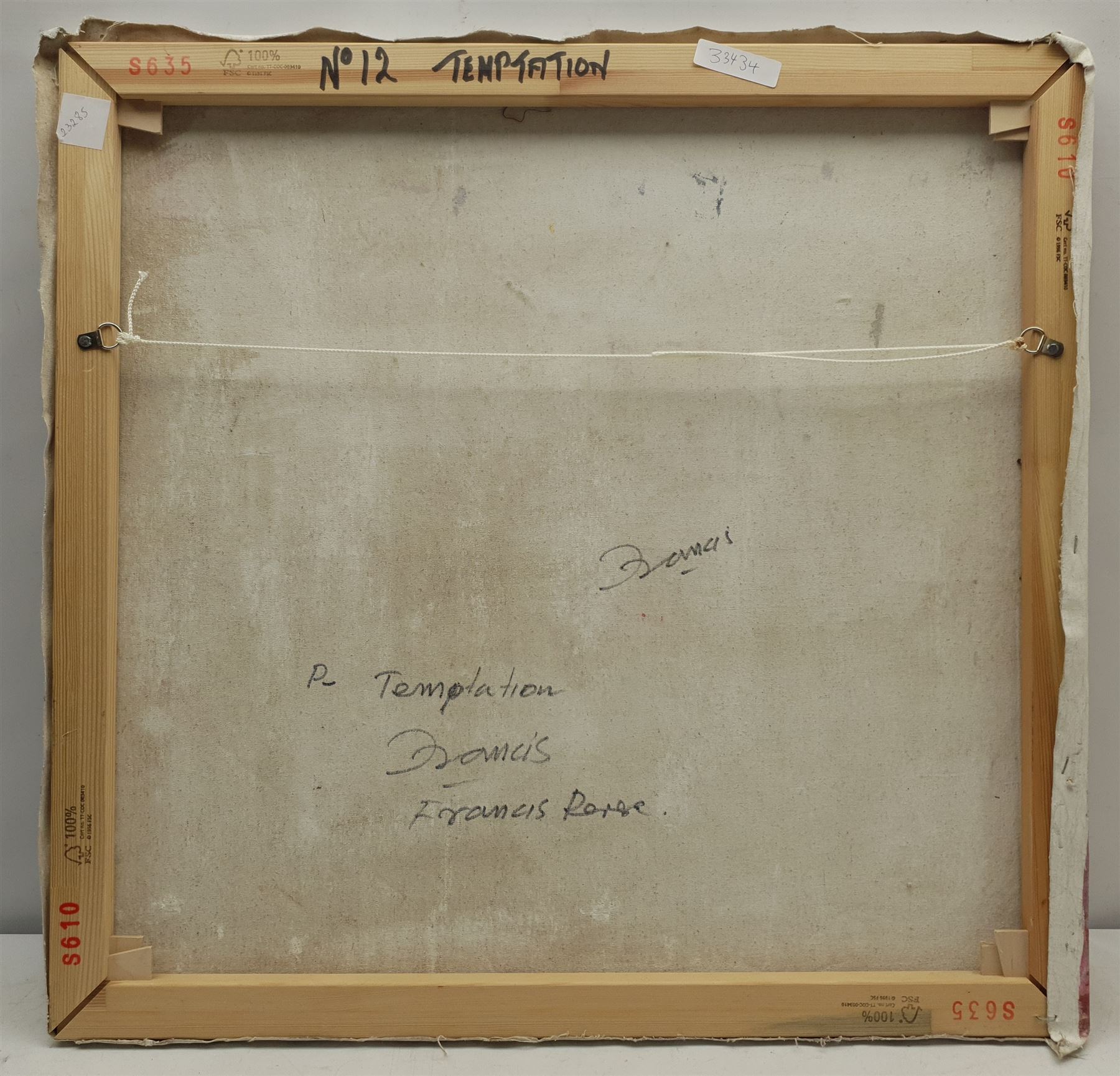 Francis Perera (Sri Lankan 1931-): 'Temptation', oil on canvas signed, titled verso 62cm x 64cm
(unframed)
Notes: Perera a noted Sri Lankan artist has had many solo exhibitions both in his home country and overseas. He is a six time winner of the Presidential Award, represented Sri Lanka in Washington DC to commemorate the 50th anniversary of its independence, exhibited at the Royal Commonwealth Society in 2002, and at the 20th International Art Festival in Germany.