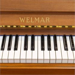 1970s century Welmar mahogany cased upright piano, retailed by The Piano Centre Rotherham, serial no. 75618, H110cm, W141cm