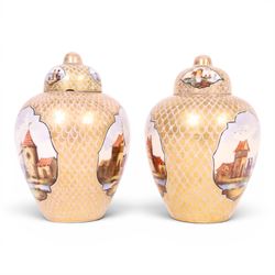Pair of 19th century Dresden urn and covers, the central panels decorated with figures in landscapes, surrounded by gilt decoration, H15cm 
