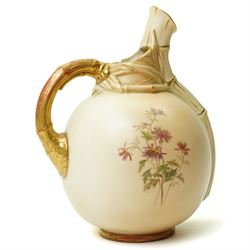 Victorian Royal Worcester ornamental ewer with gilded handle painted with floral sprays on a blush ivory ground H22cm