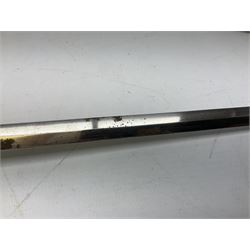 Replica knight's longsword, the 91.5cm double-edged steel blade with basket hilt and wire-bound bone grip with spherical pommel, in leather scabbard L112cm overall