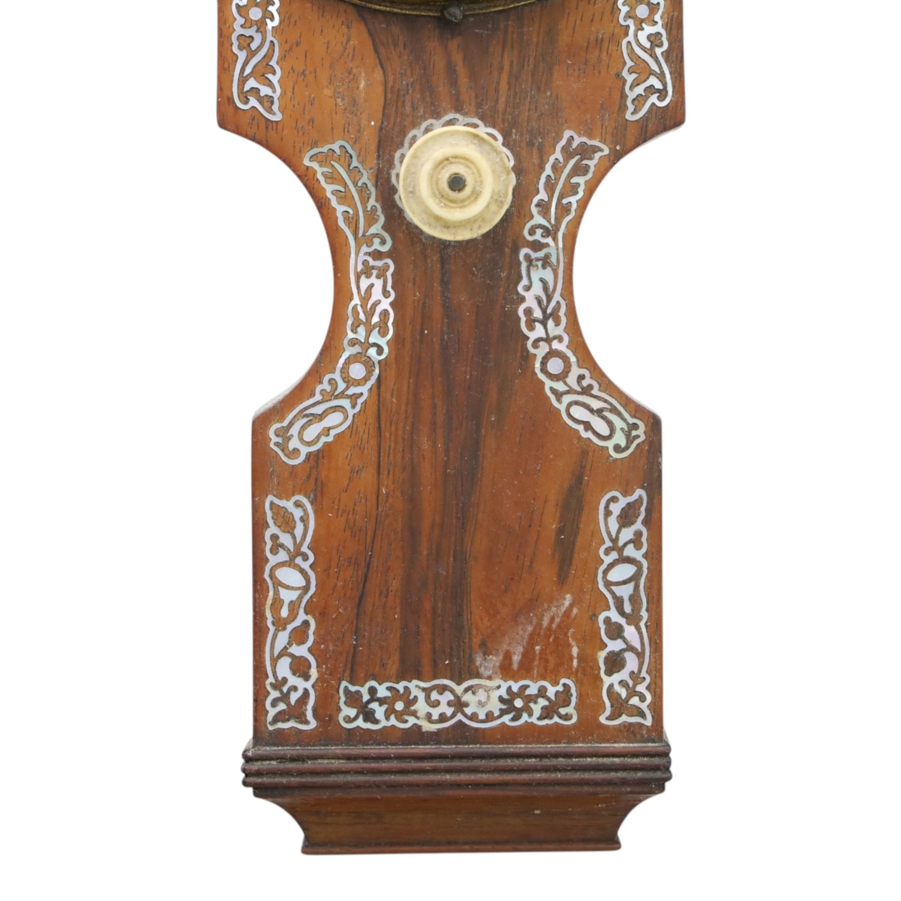 Three wheel barometers, a mother of pearl inlaid mahogany case, swan neck pediment, thermometer and circular dial, H 92cm, the second Sheraton Revival style with floral inlay, swan neck pediment, thermometer and circular dial, H 102cm, the third Sheraton Revival style, H 95cm (3)