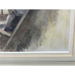 Isabella 'Isa' Jobling (nee Thompson) (Staithes Group 1851-1926): 'The Miller's Daughter' - Climbing the Ladder, watercolour signed with initials, titled on gallery label with artist's original address label verso 15cm x 11cm 
Provenance: exh. the Dean Gallery, Newcastle, January 1989, label verso 
Notes: one of three illustrations Isa painted for the Alfred Tennyson poem of the same titled. Painted after her marriage to Robert Jobling in 1893.