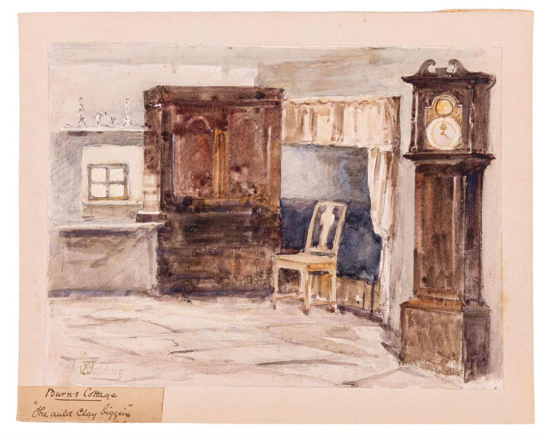 Robert Jobling (Staithes Group 1841-1923): 'Burns Cottage - The Auld Clay Biggin', watercolour signed, titled in the margin 21cm x 28cm (unframed) 
Notes: the picture depicts the interior of a cottage in Alloway, Ayrshire, the birthplace of Robert Burns. The same linen press and longcase clock can be seen in the picture of the same title by George Washington Brownlow (1835-76).