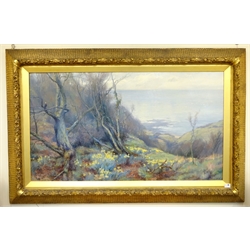  William Gilbert Foster (Staithes Group 1855-1906): 'Spring' - Overlooking Runswick Bay, oil on canvas signed and dated '99, titled verso with artist's address 'Beechwood Halton Leeds' 85cm x 150cm  