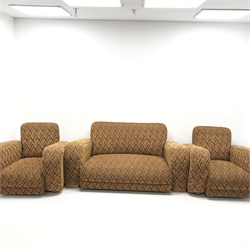 Art Deco three piece lounge suite, consisting of single two seat sofa (W159cm) and a two armchairs (W97cm) upholstered in a terracotta ground patterned fabric