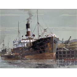Colin Verity RSMA (British 1924-2011): 'Timber from the Baltic' - Steamer in the Old Victoria Dock Hull, watercolour signed, titled and dated April 1981 verso with artist's address 28cm x 36cm