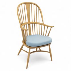Ercol - ‘Chairmakers’ armchair, of traditional Windsor form in light ash, featuring a hoop...