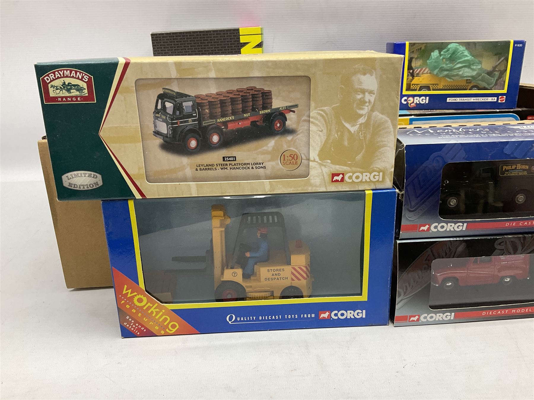 Corgi Limited Edition scale die-cast models including a Ford Transit Wrecker - AA, 50th Anniversary 1:50 scale model; AN13009 Dennis F125 Simon Snorkel SS263,  limited edition 1:50 scale Austin 4 wheel Platform Lorry in BRS livery, Guy Invincible 8 Wheel Platform Lorry and others, all boxed (20)