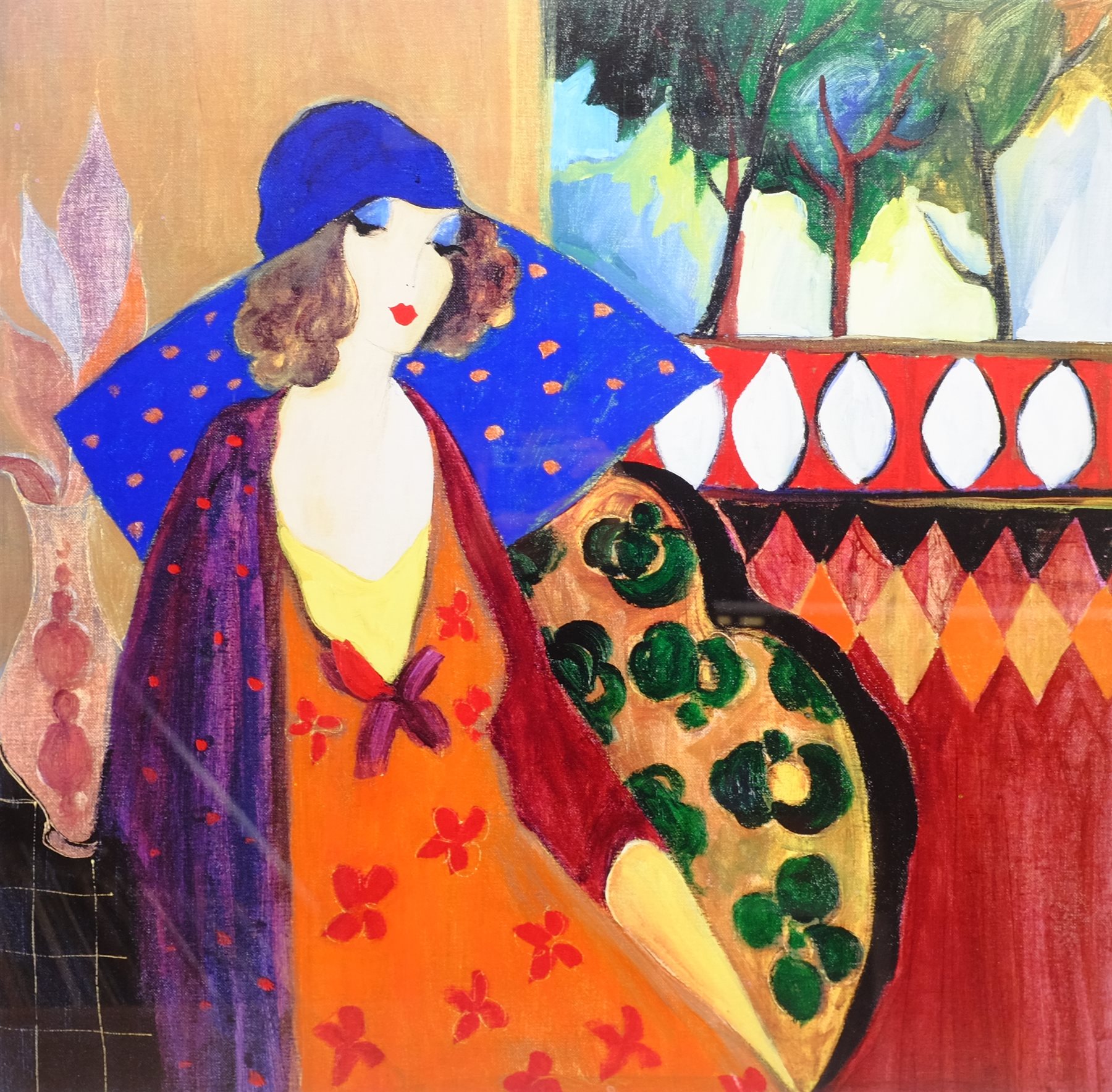 After Itzchak Tarkay (Israeli 1935-2012): 'Indigo Chapeau', colour print 63cm x 64cm