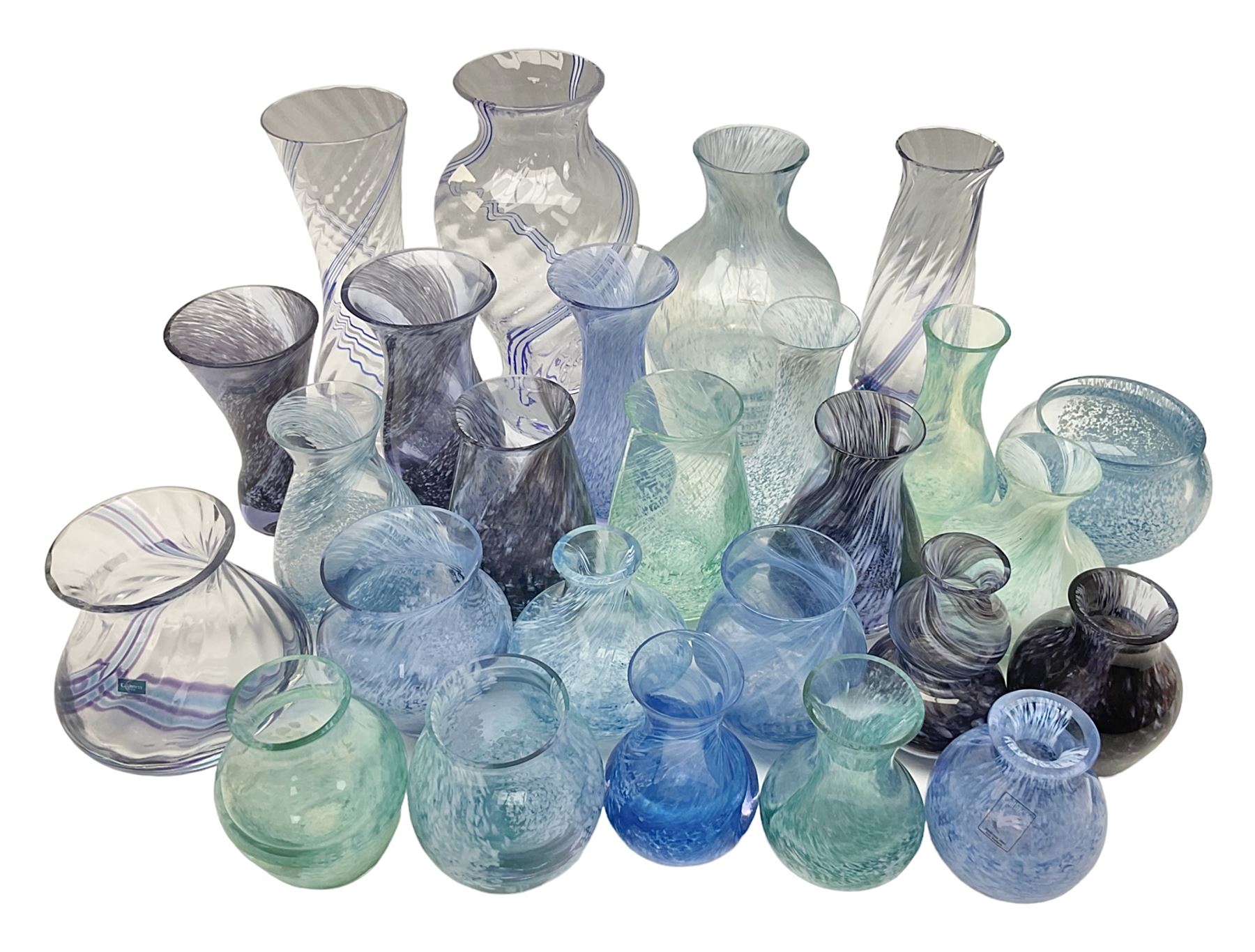 Collection of green/blue Caithness glass vases, to include mottled and swirl designs, largest 20cm (26)