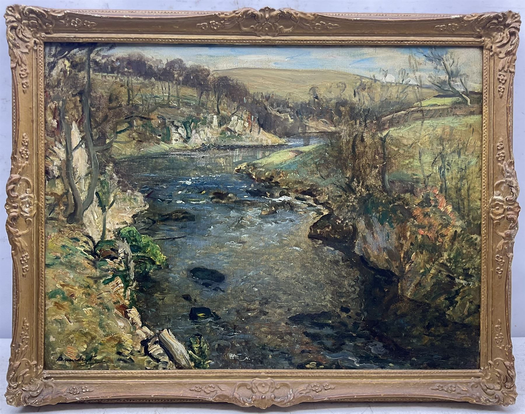 Reginald Grange Brundrit RA ROI (British 1883-1960): The River Wharfe at Loup Scar near Grassington, oil on canvas signed c.1924, 45cm x 60cm 
Provenance: en plein air preliminary study for a larger work dated 1924 hanging in the Cartwright Hall, Lister Park, Bradford