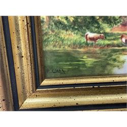 Framed porcelain plaque, hand painted with cows drinking from a lake in a countryside landscape, by Francis Clark, formerly a Royal Worcester  
 artist, H14.5cm