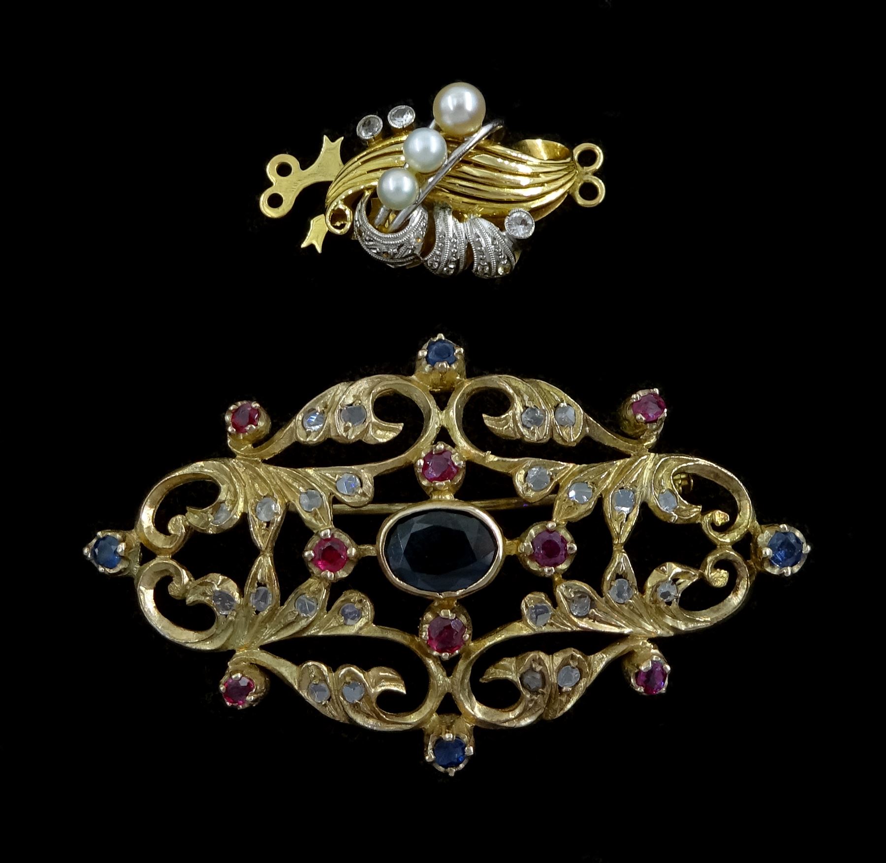 Gold sapphire, diamond and ruby brooch and an 18ct gold pearl and paste stone set necklace clasp