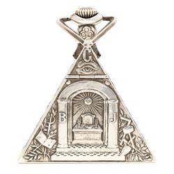 Early 20th century silver Masonic keyless lever pocket watch by G. Schwab-Loeillet, Genève, triangular mother of pearl dial with Masonic hour markers and inscribed 'Love Your Fellow Man, Lend Him A Helping Hand', the embossed case with a blue paste stone below the crown, Edinburg import mark 1923