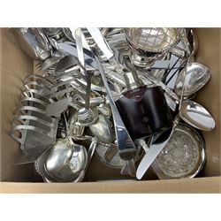 Walker & Hall silver plated ladle, glass hip flask with leather cover and silver plated cap, other silver plate to include cutlery, other metalware etc