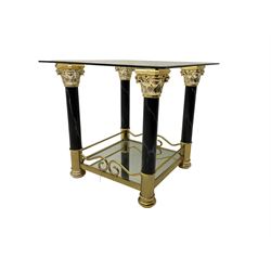 Contemporary two-tier coffee table, square glass top supported by marble effect columns with gilt metal corinthian capitals, united by mirrored undertier 