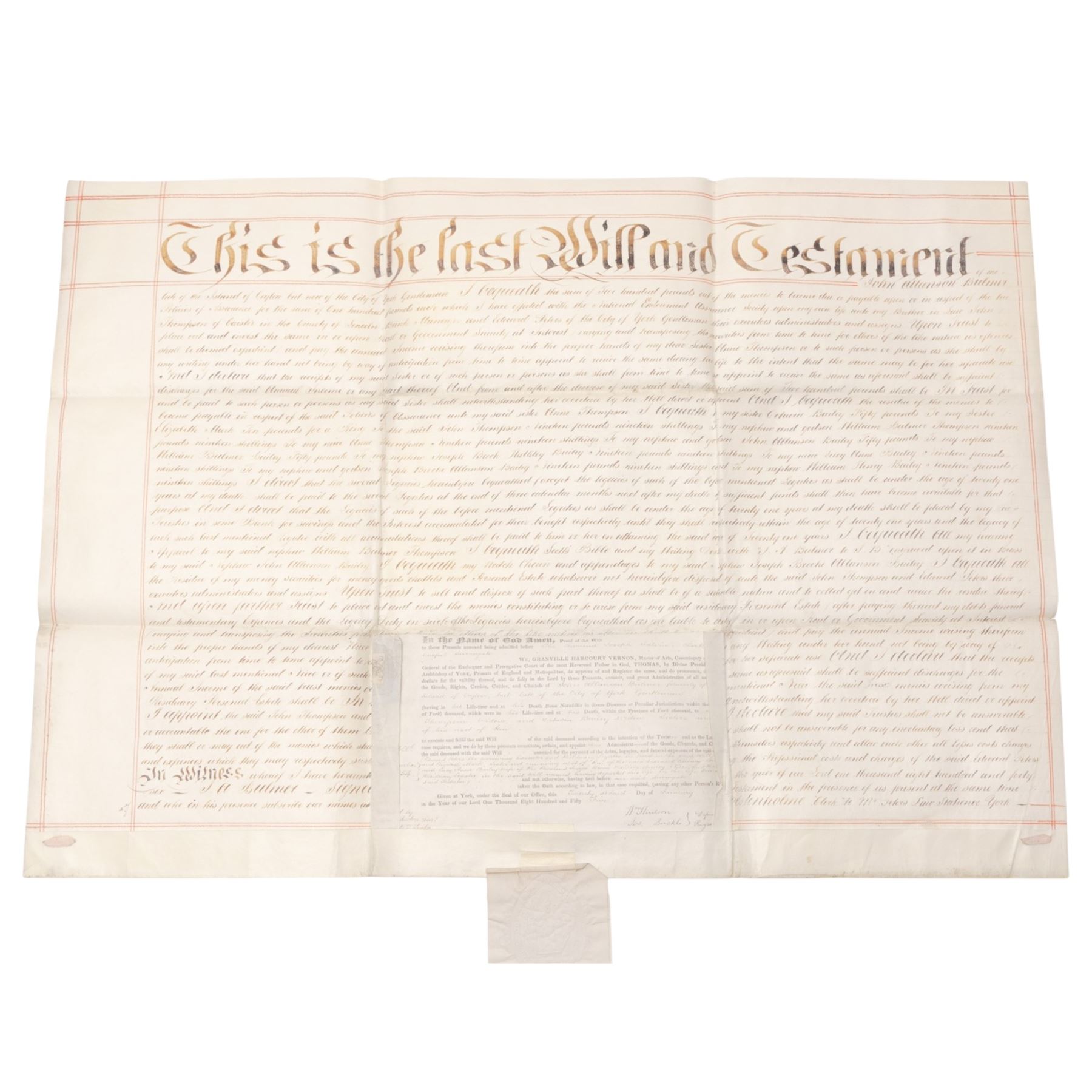 York interest - collection of 18th/19th century vellum indentures, wills and probate documents relating to the City of York and York families, including colonial and missionary interest with Reverend James Beale, formerly of York and late of Sierra Leone, clerk, probate 1857, John Allanson Bulmer, formerly of Ceylon and late of York, and Charles William Marshall of Bengal, India, manager of the Bengal Silk Company, together with other York legal and family papers, many retaining original seals and stamps, in one box