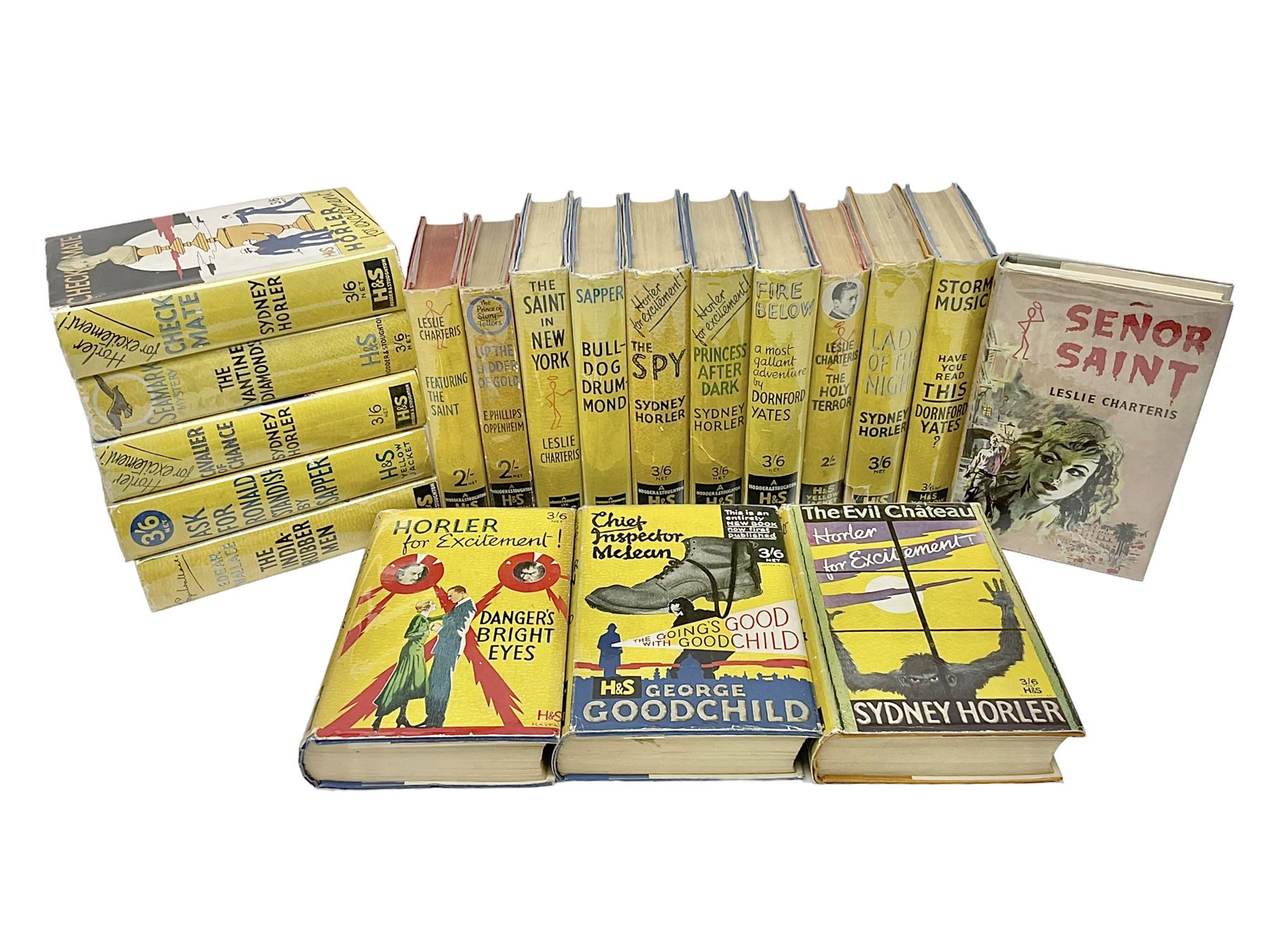 Collection of Hodder and Stoughton yellow jacket version books, to include Sydney Horler, George Goodchild, Dornford Yates, Leslie Charteris etc 