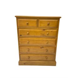 Pine straight-front chest, fitted with two sort and four long drawers, on plinth base