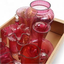 Large collection of Victorian and later cranberry glass, including various large examples, in one box, tallest H30cm 