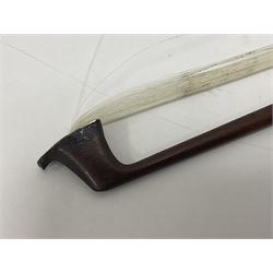 19th century wooden violin bow with a decorative mother of pearl inlay depicting flowers to the frog, with a bone adjuster screw