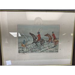 'Getting over a Difficulty', 'Getting Dead Beat', 'Getting a Dive', 'Getting into a Difficulty', and 'Getting into a Bog', set five 19th century hunting engravings with hand-colouring pub. S&J Fuller 23cm x 30cm; together with four modern Alken prints 21cm x 29cm (9)