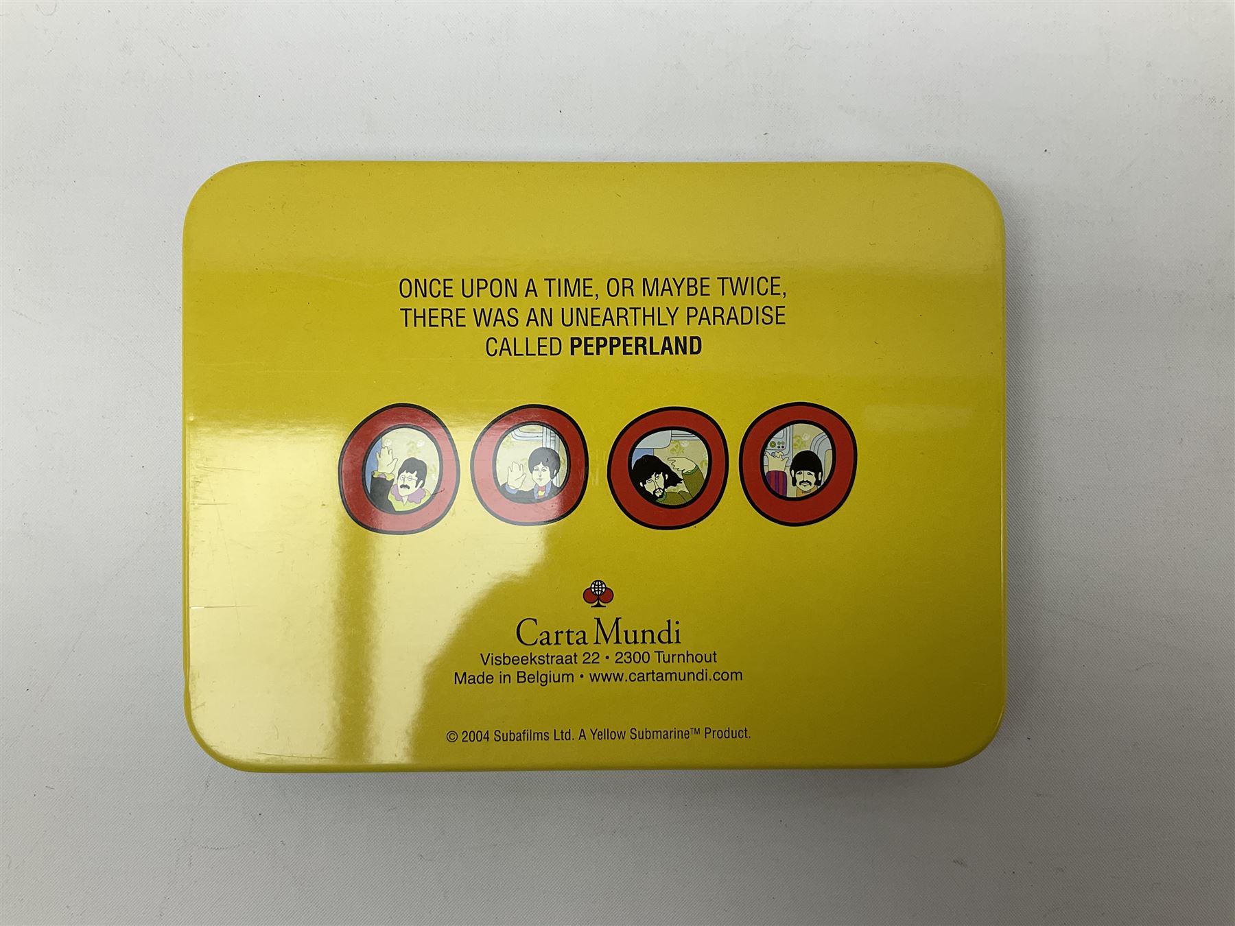 Special edition The Beatles Yellow Submarine playing cards, unopened with gilt edging in a metal tin, together with 1999 McFarlane Toys figures of Yellow Submarine John Lennon and Jeremy Hillary Boob, PH. D, tallest figure 19.5cm 