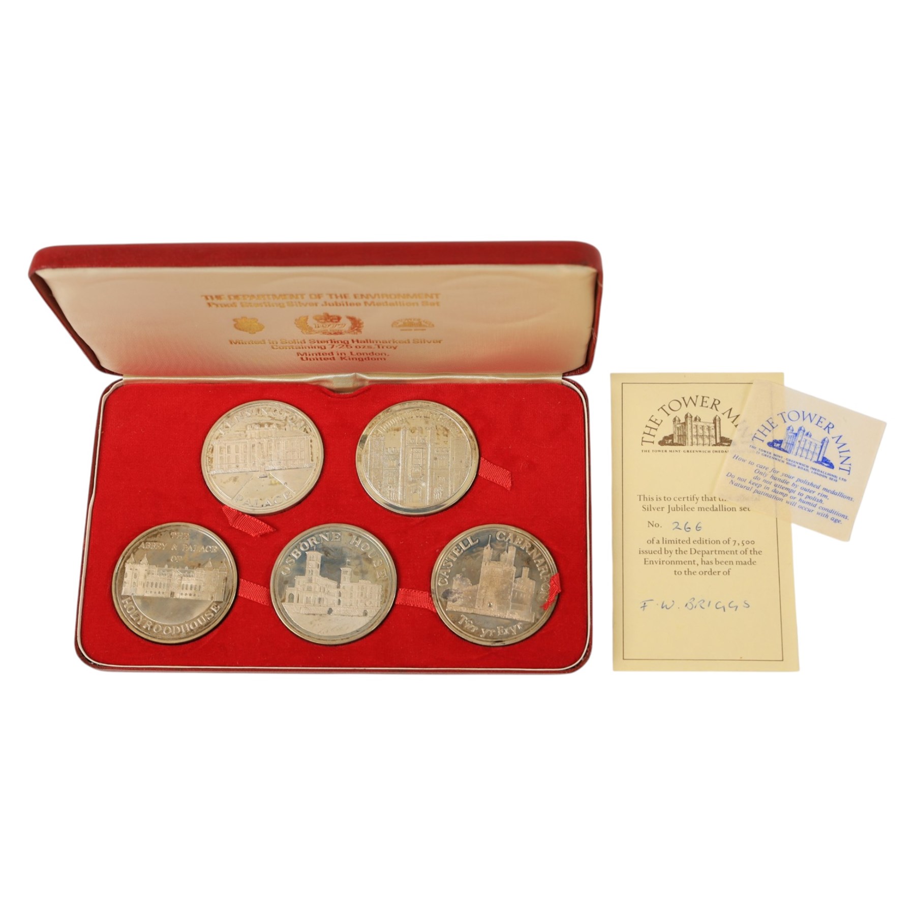 The Department of the Environment 'Silver Jubilee Medallion Set', set of five silver proof medallions, issued by The Tower Mint, cased with certificate