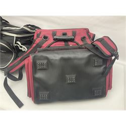 Collection of fishing memorabillia and equipment, including an Allcocks three piece split cane trout fly rod, Shakespeare Salt 3600 surf rod, two tackle bags, Old Red Seastreak multiplier reel, Sportext Saltwater fixed spool reel, fishing dvds, etc