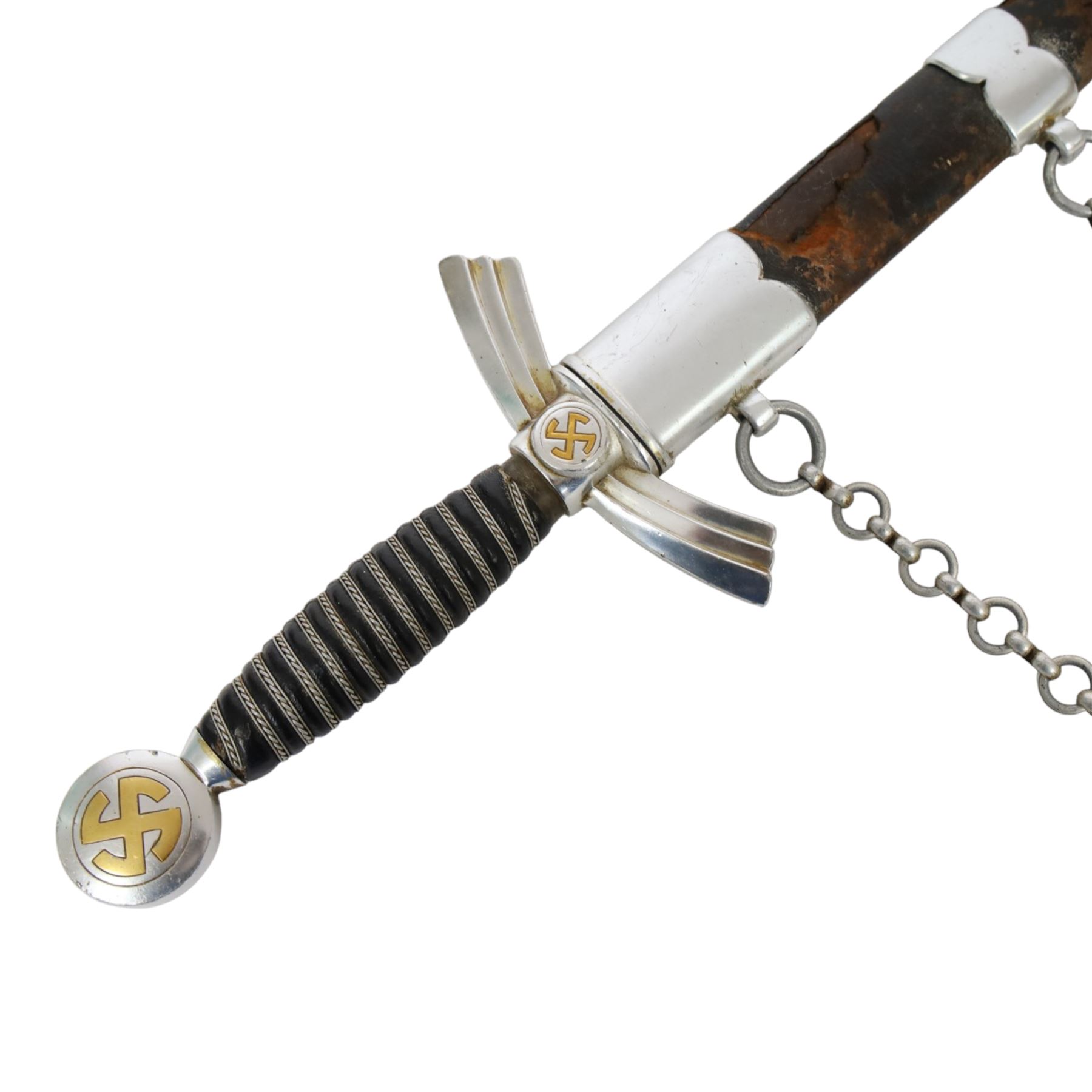 German Third Reich Luftwaffe Officers Dress Dagger by Alcoso Solingen, the 30cm double edged blade marked Alcoso Solingen, with plated down-swept quillons and pommel bearing swastika, wire-bound blue leather grip, the leather covered sheath with mounts and hanging chains, overall L50cm 
