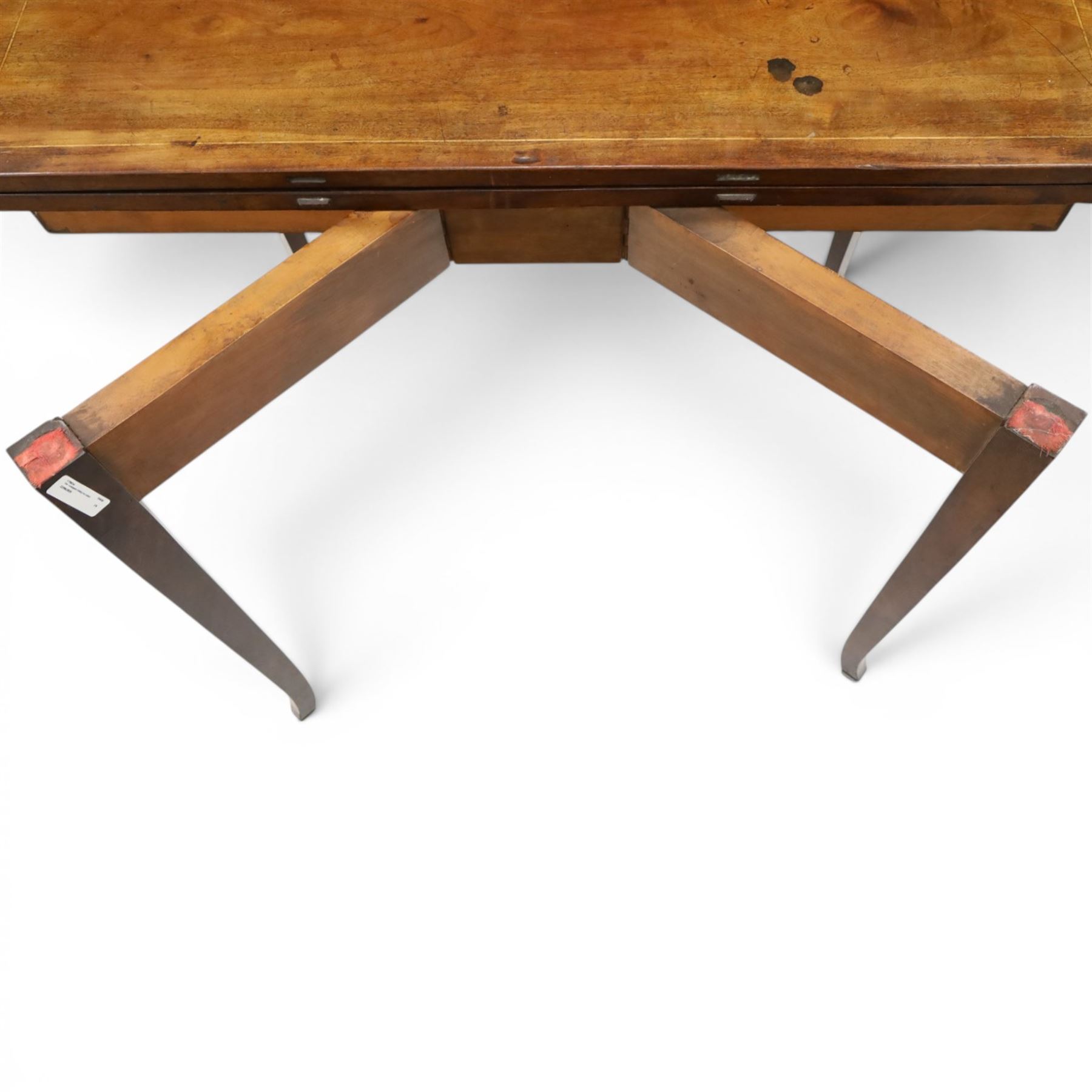 George III mahogany tea-table, the D-shaped rectangular fold-over top with satinwood stringing, raised on elegant square tapering and splayed supports with spade feet and gate-leg action