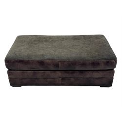Large Knole design three-seat sofa upholstered in brown leather with scatter cushions upholstered in contrasting striped and Union Jack patterned fabric, on block feet (W210cm, H100cm, D102cm); together with matching rectangular footstool (135cm x 75cm, H45cm)
