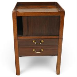  Late 18th century tray top bedside table, tray top with cut out handles, above a tambour shutter, with commode style pull out drawer beneath, raised on square tapering supports