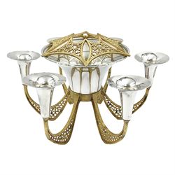 Modernist silver plated candelabra centrepiece by Stuart Devlin, with six pierced gilt branches supporting a central tapering cylindrical rose bowl and six fluted candle holders, with detachable star shaped gilt cover, stamped SD, TG to underside of central bowl, overall H17cm