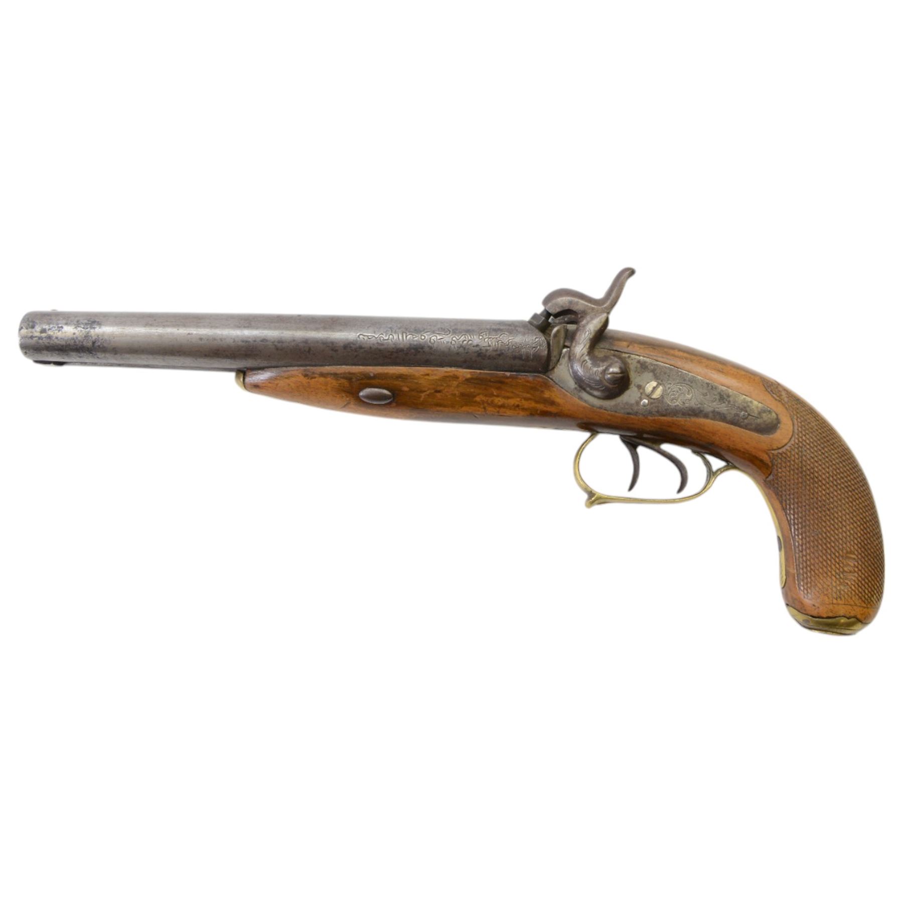 19th century double-barrelled percussion pistol the side by side barrels engraved with Arabic script, engraved with floral motifs, chequered wooden grip with engraved brass butt cap, L37CM