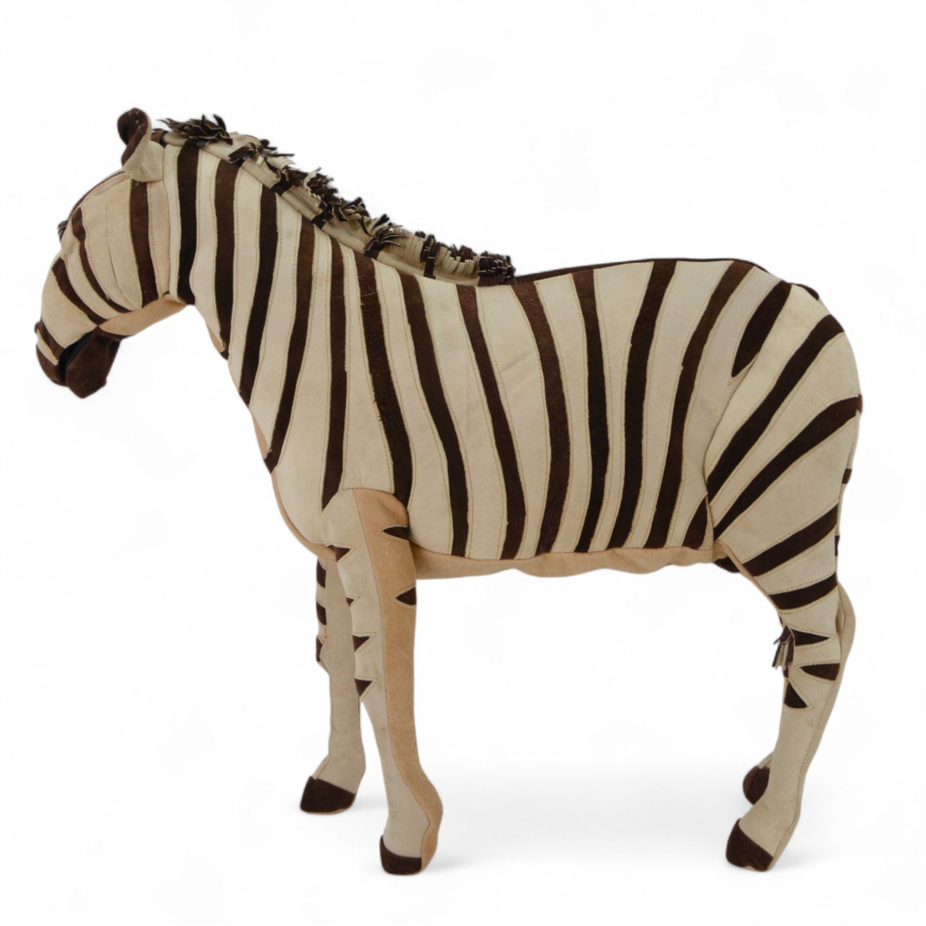 Karen Trower: two zebra sculptures, with leather sew over wood and metal frames, H48cm