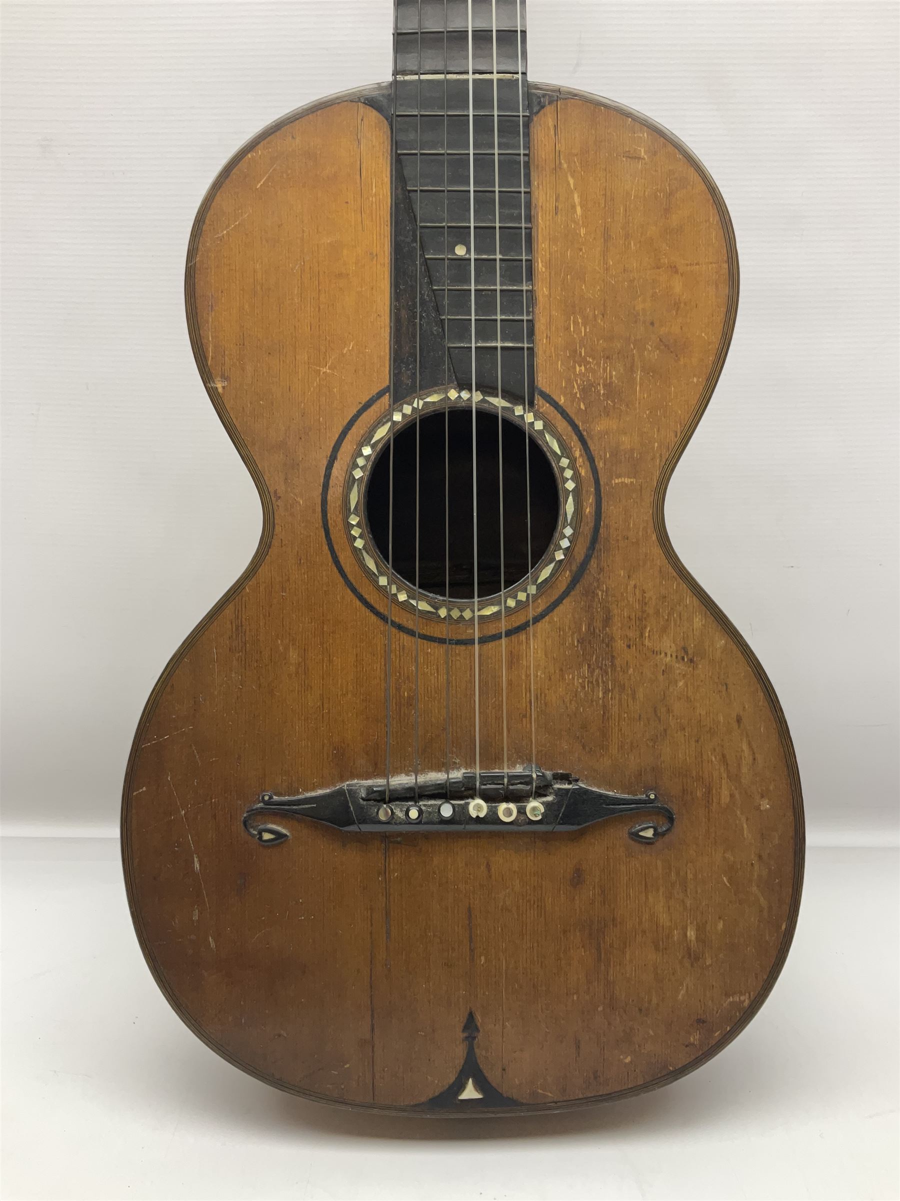 19th century Continental parlour guitar for restoration or display, with maple back and sides,  spruce top, scalloped neck and bone pegs; bears inset plaque to head 'Lapaix Paris 1830' and 'John Eastwood Teacher of the Guitar' paper label with manuscript note 'Fine Old Guitar Restored 1888 by JCB Leeds' L92cm