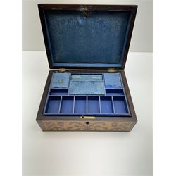 Victorian satinwood inlaid rosewood sewing box, with tray fitted interior, H11cm