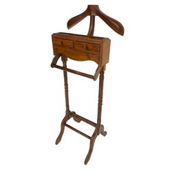 Mahogany dumb-valet stand, fitted with two small drawers, on rope twist supports