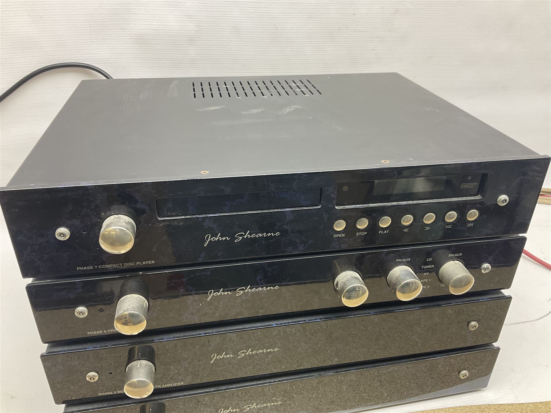 Shearne Audio (John Shearne) system, comprising Phase 7; compact disk system, Phase 6; Pre-Amplifier and two Phase 5; Monoblock Power Amplifier 