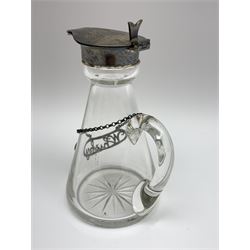 Edwardian silver mounted whisky noggin, of tapering cylindrical form with hinged flat cover, H11cm, together with a silver whisky label, each hallmarked Levi & Salaman, Birmingham 1909