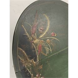 Early 20th century Japanned green lacquered dropleaf table, decorated in relief with figures and birds in a landscape, raised on spindle turned supports joined by a stretcher, gate action base